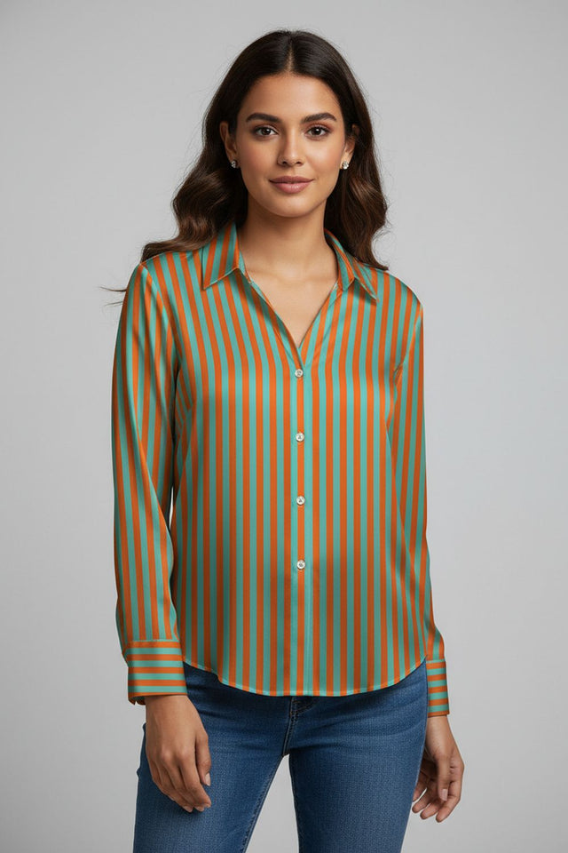 Green Striped Printed Satin Shirt (ACA8830)