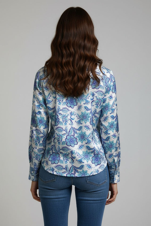 Blue Floral Printed Satin Shirt (ACA8831)