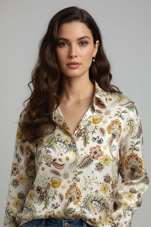 Cream Floral Printed Satin Shirt (ACA8832)