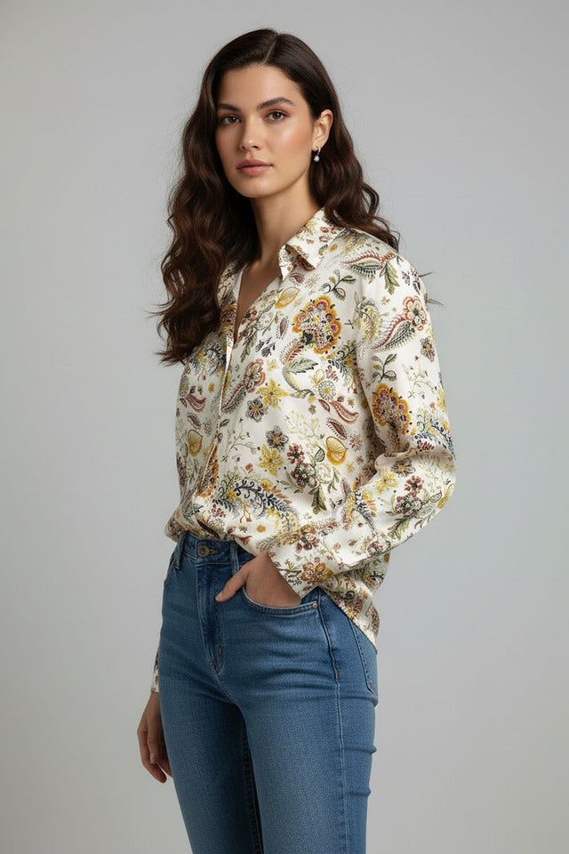 Cream Floral Printed Satin Shirt (ACA8832)