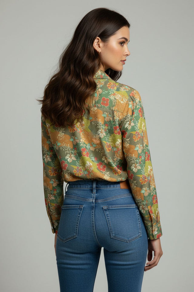 Green Floral Printed Satin Shirt (ACA8833)