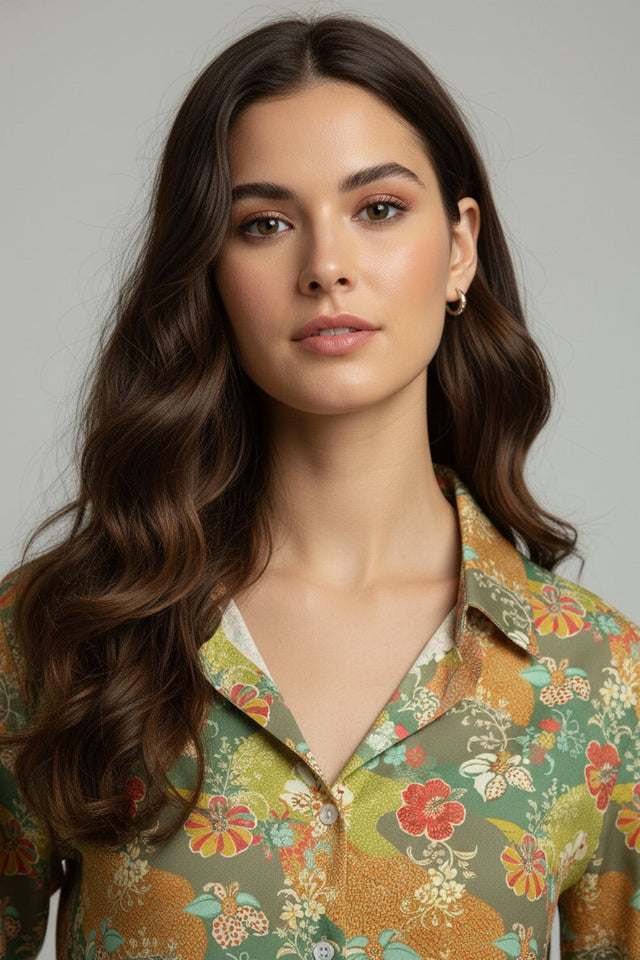 Green Floral Printed Satin Shirt (ACA8833)