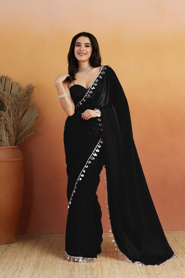 Black Mirror with Lace Border Organza Ready to Wear Saree (ACA8835)
