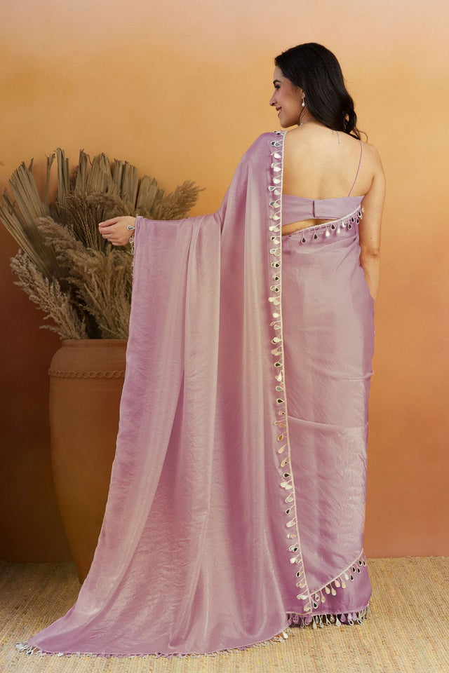 Lavender Mirror with Lace Border Organza Ready to Wear Saree (ACA8836)