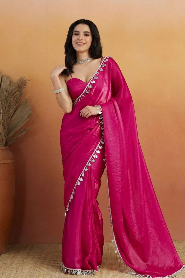 Magenta Mirror with Lace Border Organza Ready to Wear Saree (ACA8837)