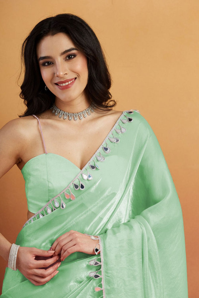 Sea Green Mirror with Lace Border Organza Ready to Wear Saree (ACA8838)