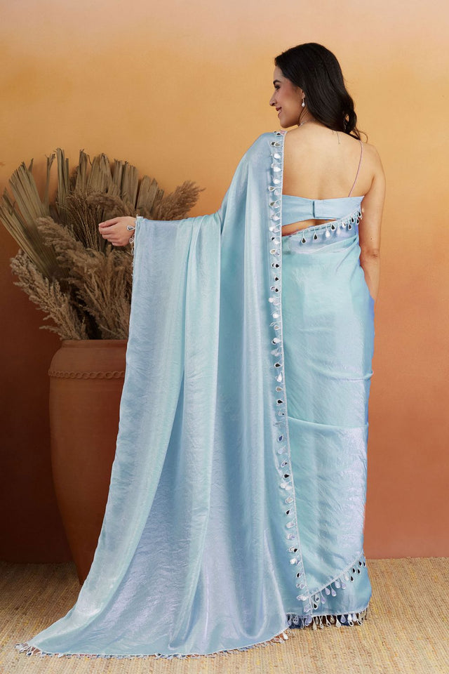 Blue Mirror with Lace Border Organza Ready to Wear Saree (ACA8839)
