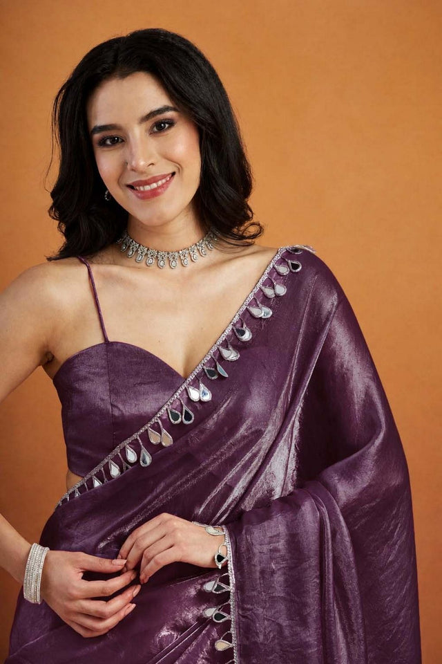 Violet Mirror with Lace Border Organza Ready to Wear Saree (ACA8840)