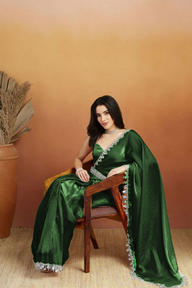 Green Mirror with Lace Border Organza Ready to Wear Saree (ACA8841)