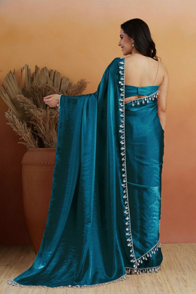 Turquoise Mirror with Lace Border Organza Ready to Wear Saree (ACA8842)
