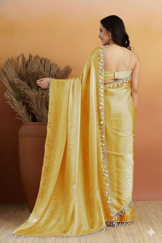 Yellow Mirror with Lace Border Organza Ready to Wear Saree (ACA8843)