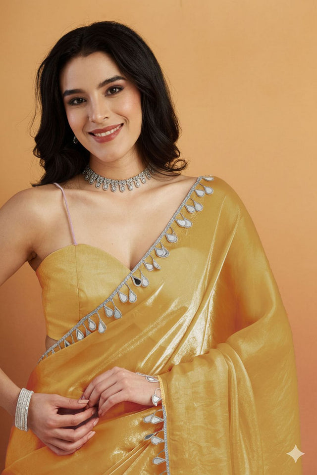 Yellow Mirror with Lace Border Organza Ready to Wear Saree (ACA8843)