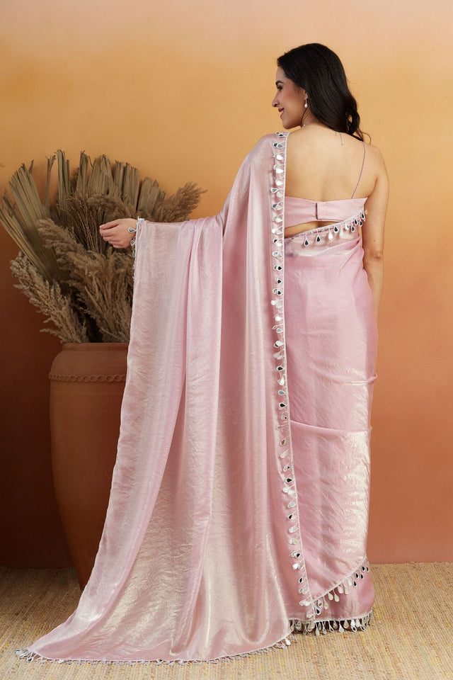 Pink Mirror with Lace Border Organza Ready to Wear Saree (ACA8845)