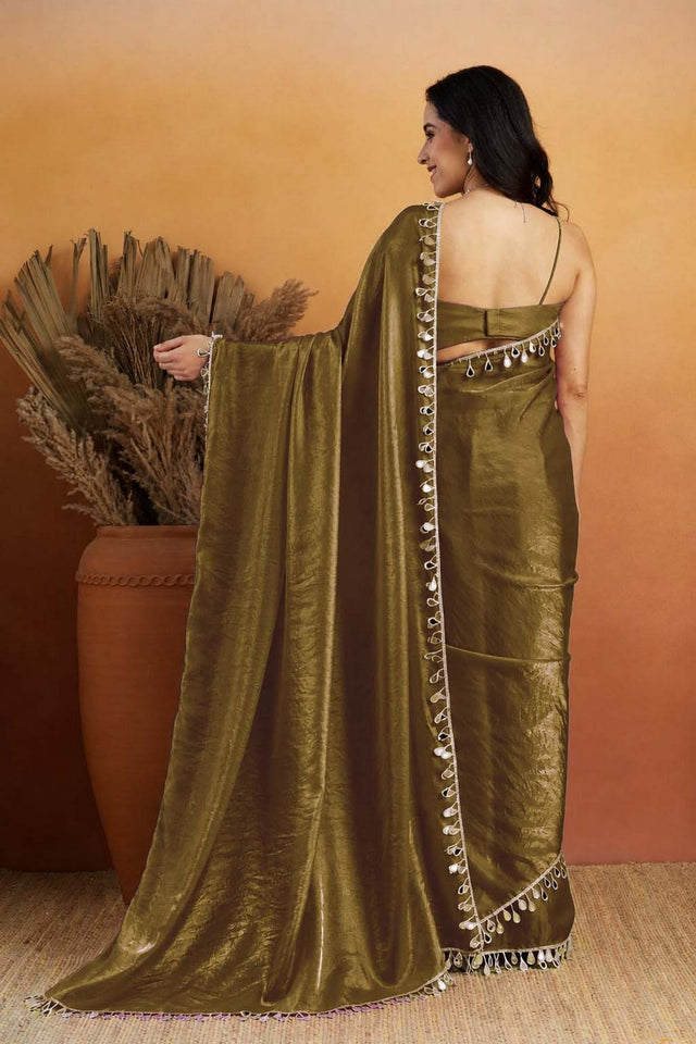 Mehendi Mirror with Lace Border Organza Ready to Wear Saree (ACA8847)