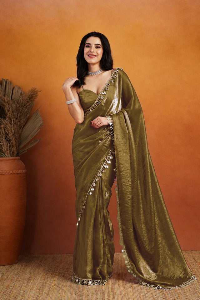 Mehendi Mirror with Lace Border Organza Ready to Wear Saree (ACA8847)