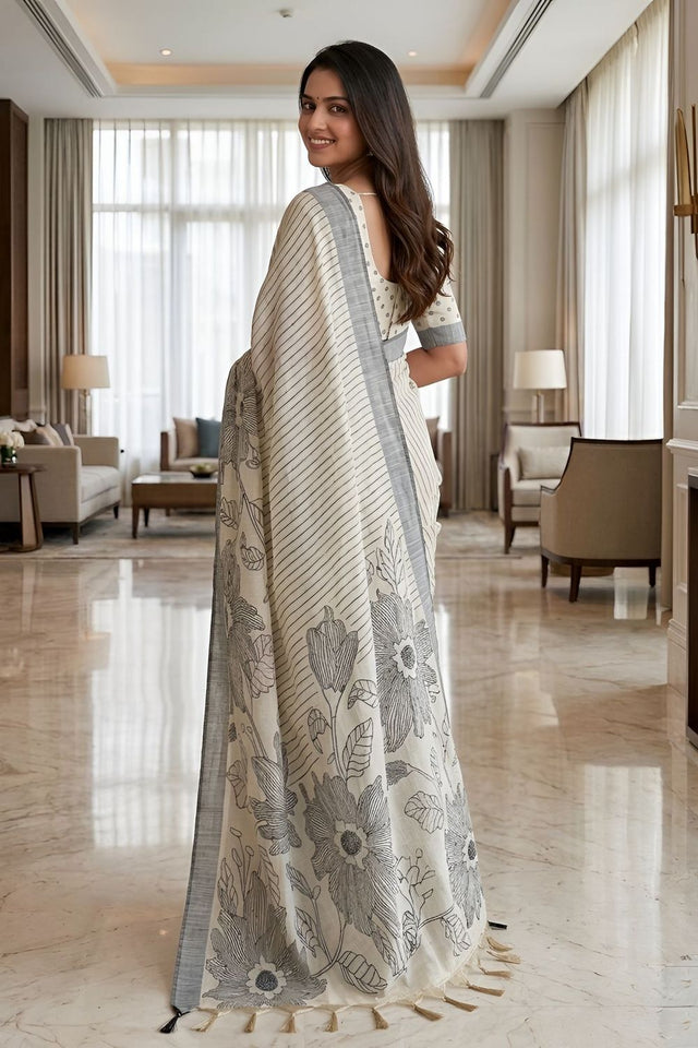 Black Floral Printed Linen Saree (ACA8848)