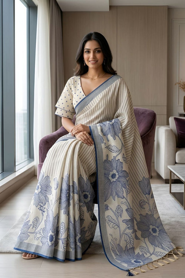 Blue Floral Printed Linen Saree (ACA8849)