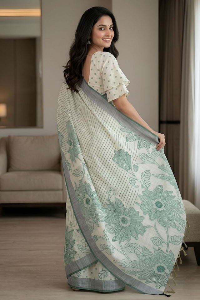 Green Floral Printed Linen Saree (ACA8850)