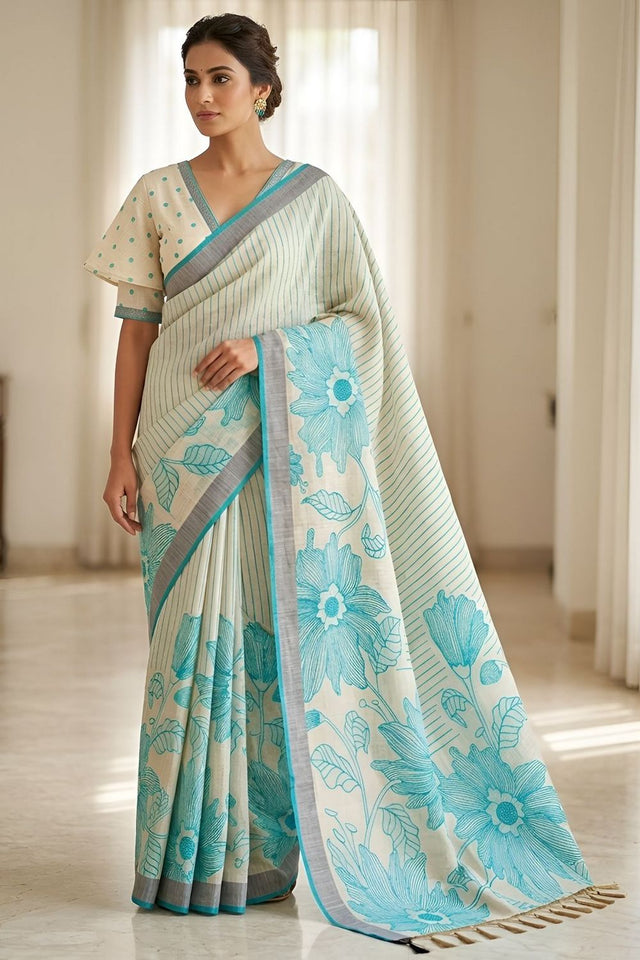 Turquoise Floral Printed Linen Saree (ACA8852)