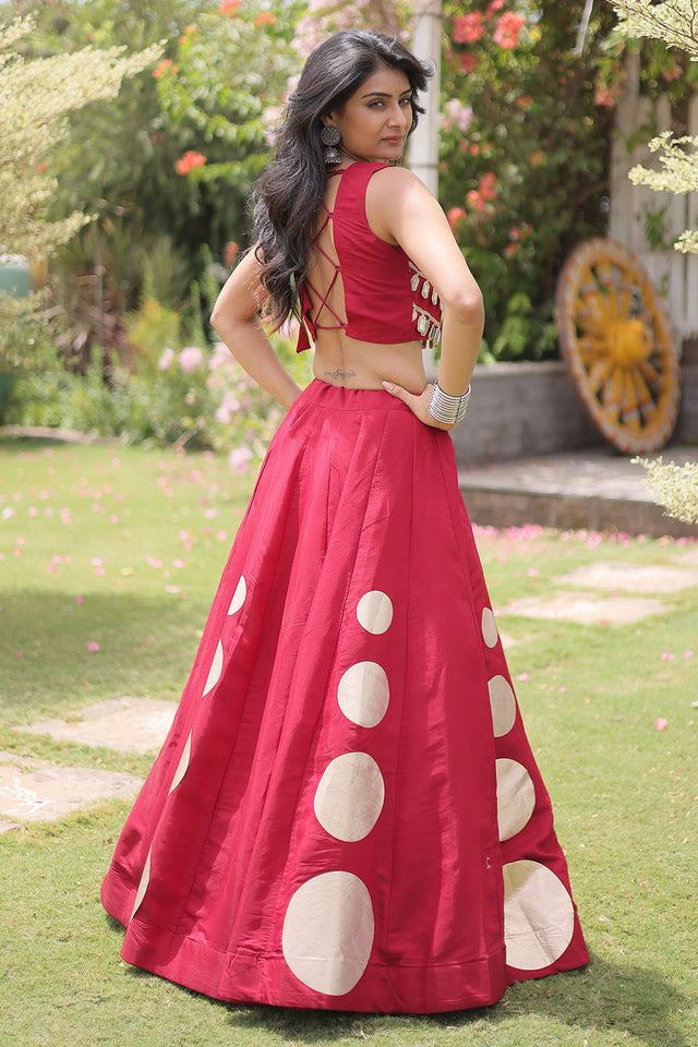 Maroon Mirror Work Blouse with Printed Silk Lehenga (ACA8855)