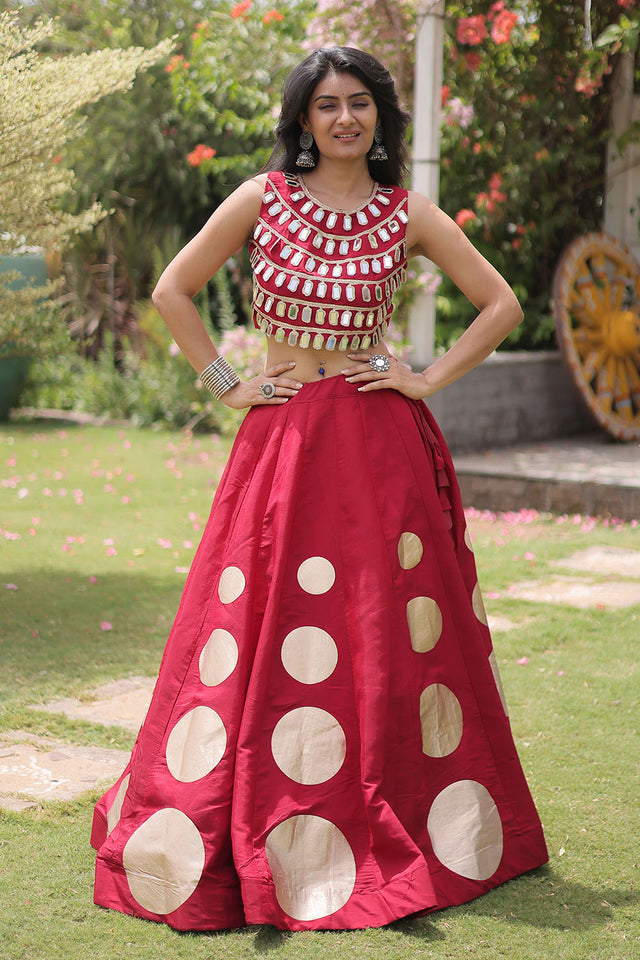 Maroon Mirror Work Blouse with Printed Silk Lehenga (ACA8855)