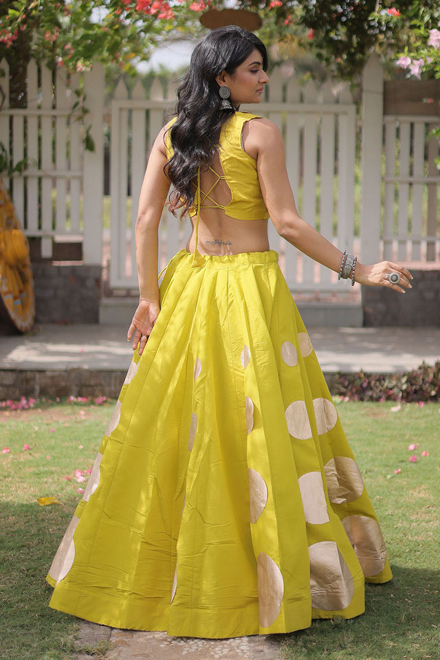 Yellow Mirror Work Blouse with Printed Silk Lehenga (ACA8856)