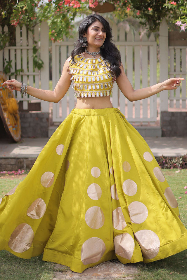 Yellow Mirror Work Blouse with Printed Silk Lehenga (ACA8856)