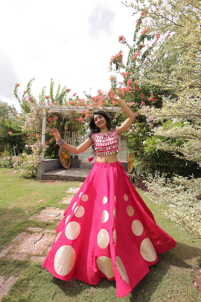 Pink Mirror Work Blouse with Printed Silk Lehenga (ACA8858)