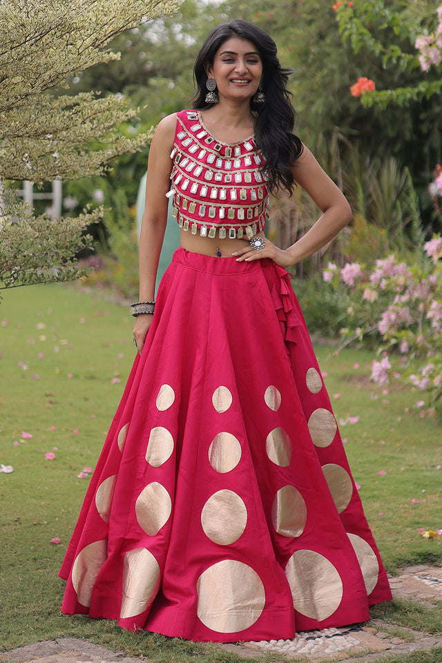 Pink Mirror Work Blouse with Printed Silk Lehenga (ACA8858)