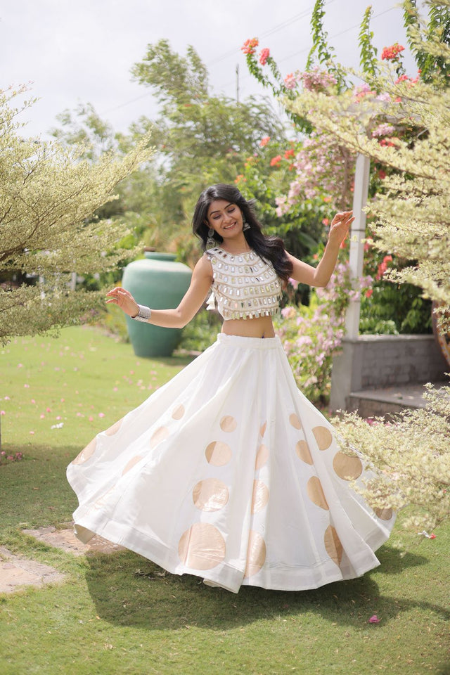 White Mirror Work Blouse with Printed Silk Lehenga (ACA8859)