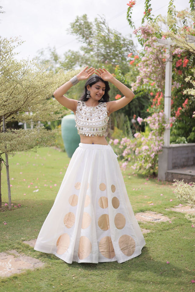 White Mirror Work Blouse with Printed Silk Lehenga (ACA8859)