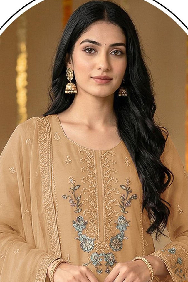 Beige Floral Embroidered Chiffon Kurti Palazzo Set (ACA8861)