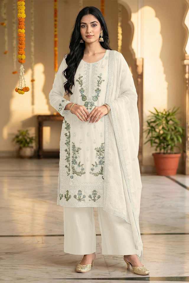Off White Floral Embroidered Chiffon Kurti Palazzo Set (ACA8862)
