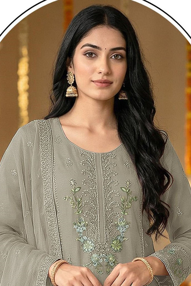 Grey Floral Embroidered Chiffon Kurti Palazzo Set (ACA8863)