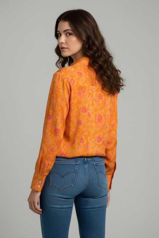 Orange Floral Printed Crepe Shirt (ACA8865)