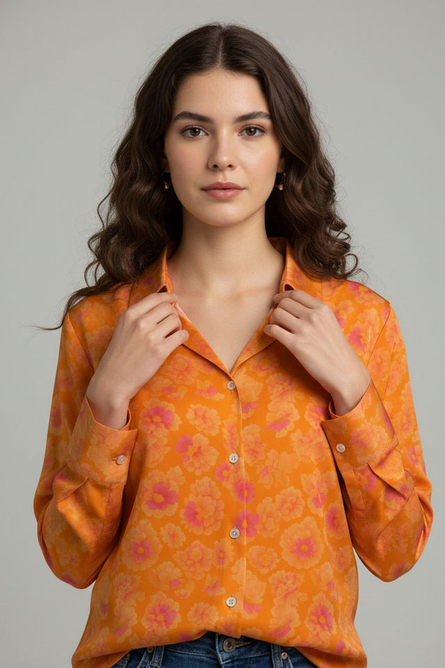 Orange Floral Printed Crepe Shirt (ACA8865)
