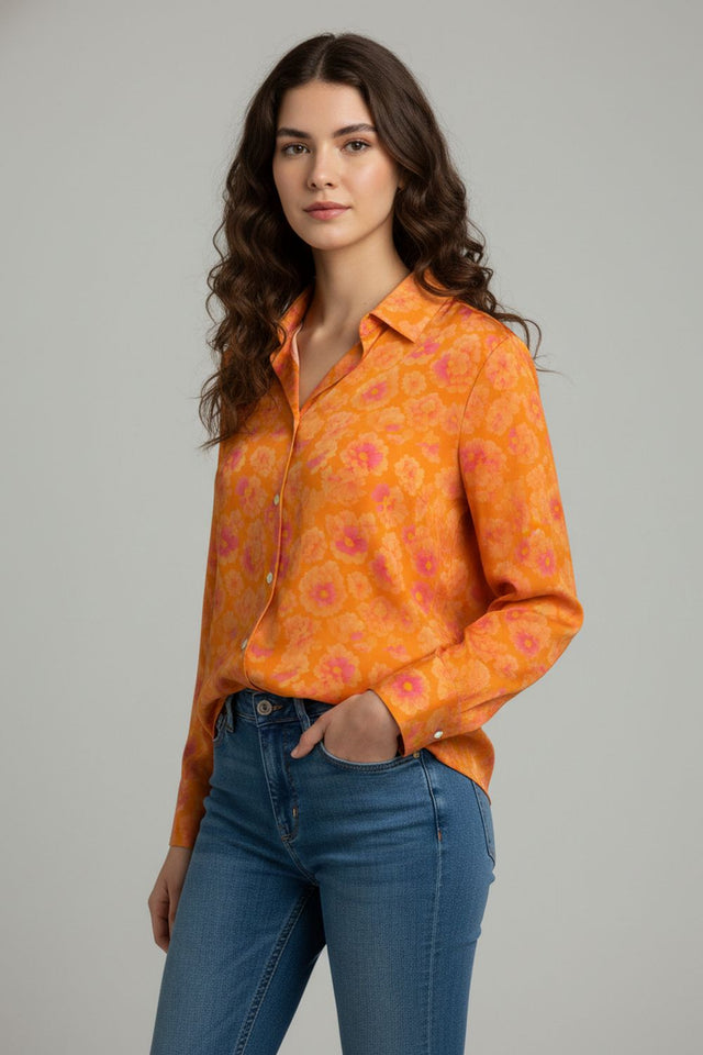 Orange Floral Printed Crepe Shirt (ACA8865)