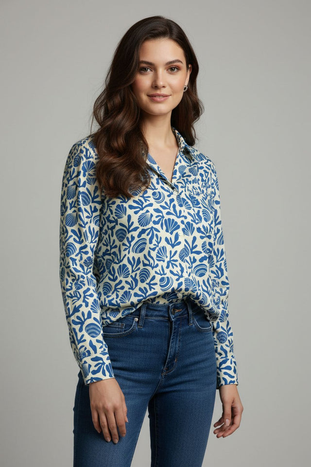 Blue Printed Crepe Shirt (ACA8866)