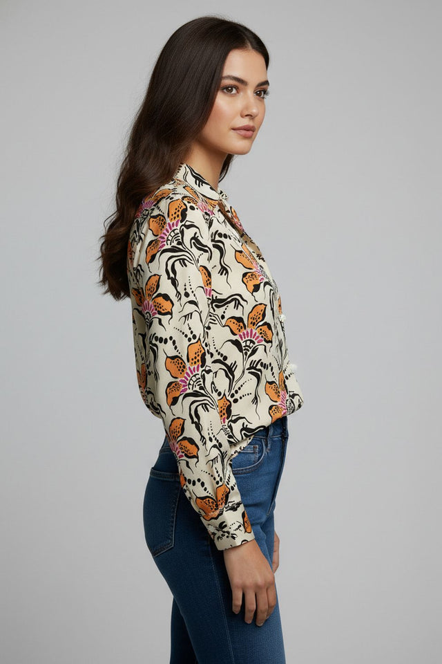 Cream Floral Printed Crepe Shirt (ACA8868)