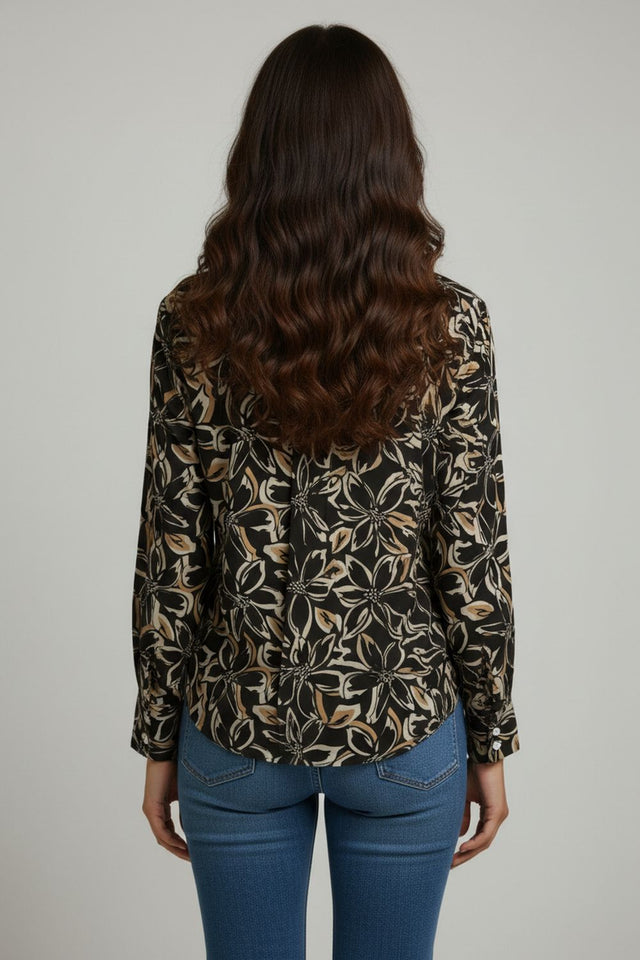 Black Floral Printed Crepe Shirt (ACA8869)