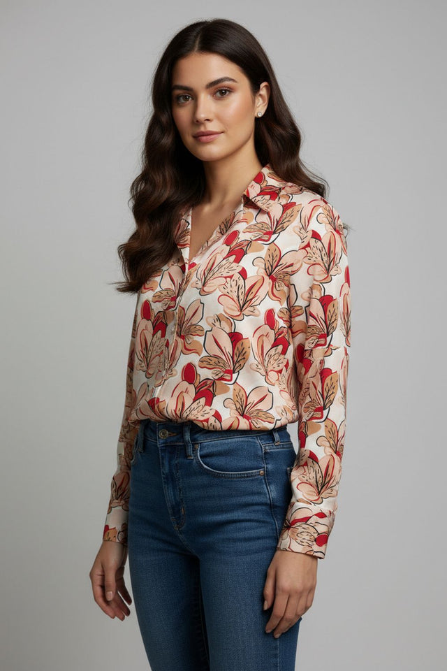 Peach Floral Printed Crepe Shirt (ACA8870)