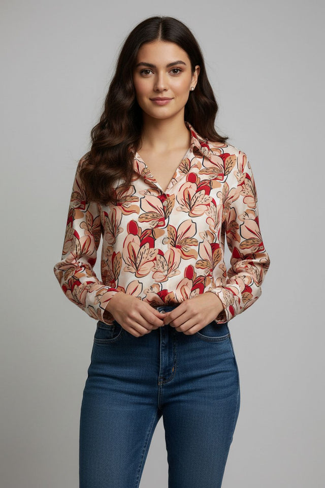 Peach Floral Printed Crepe Shirt (ACA8870)