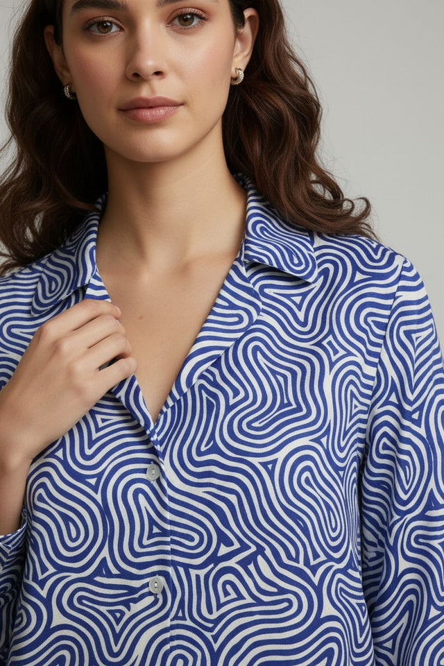 Blue Printed Crepe Shirt (ACA8874)
