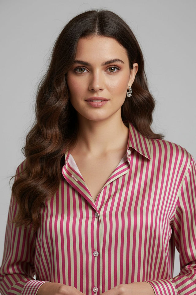 Pink Striped Printed Crepe Shirt (ACA8877)