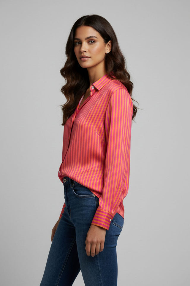 Orange Striped Printed Crepe Shirt (ACA8878)