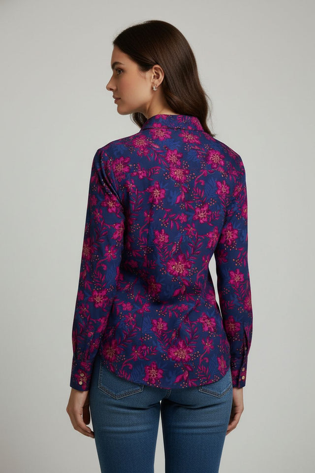 Blue Floral Printed Crepe Shirt (ACA8884)