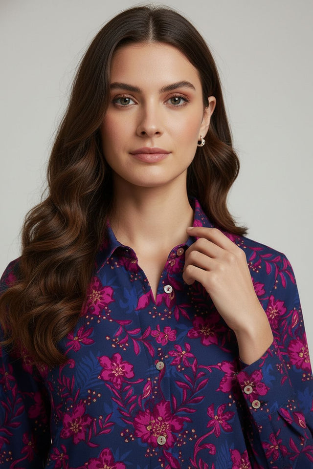 Blue Floral Printed Crepe Shirt (ACA8884)