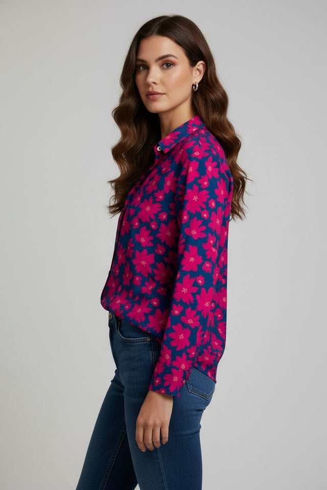 Blue Floral Printed Crepe Shirt (ACA8885)
