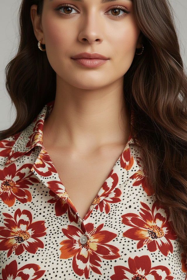 Red Floral Printed Crepe Shirt (ACA8887)