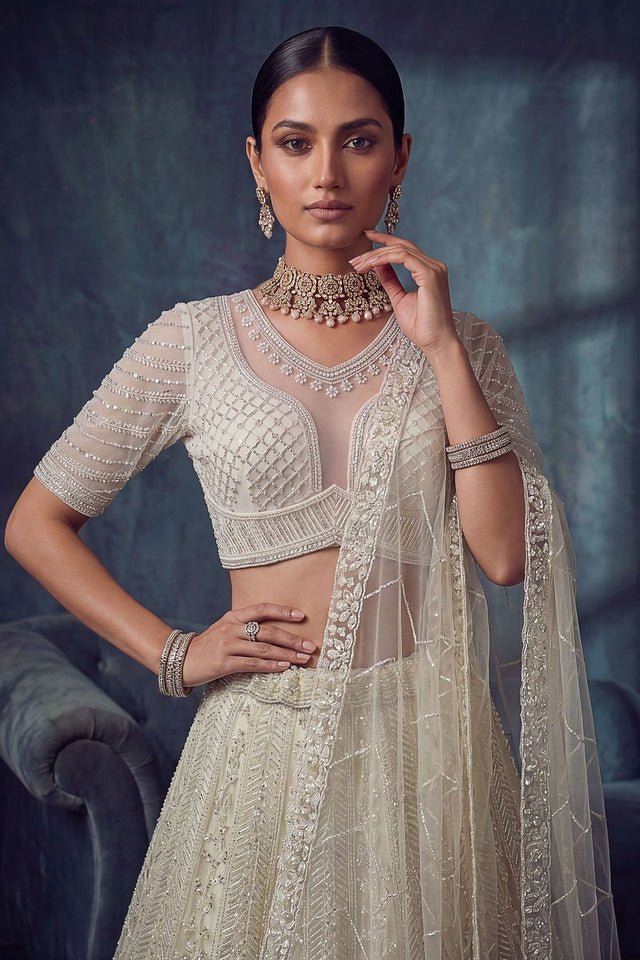 White Sequin with Embroidered Net Lehenga (ACA8890)